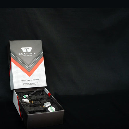 Luxtron LED headlight bulb retail box, opened