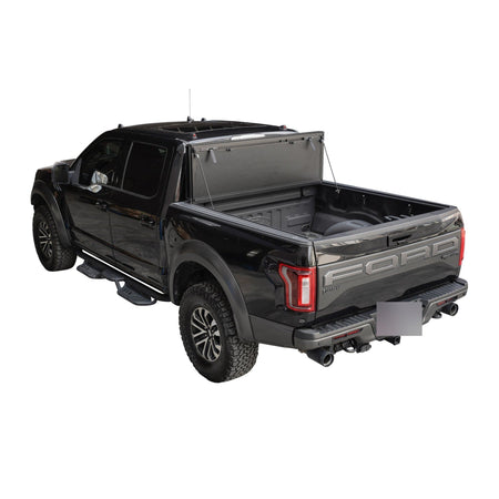 Titan Hard Flip-Back tonneau cover fully open with the bed exposed