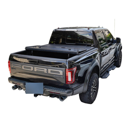 Titan Hard Tri-Fold tonneau cover seen from the rear with the cover open