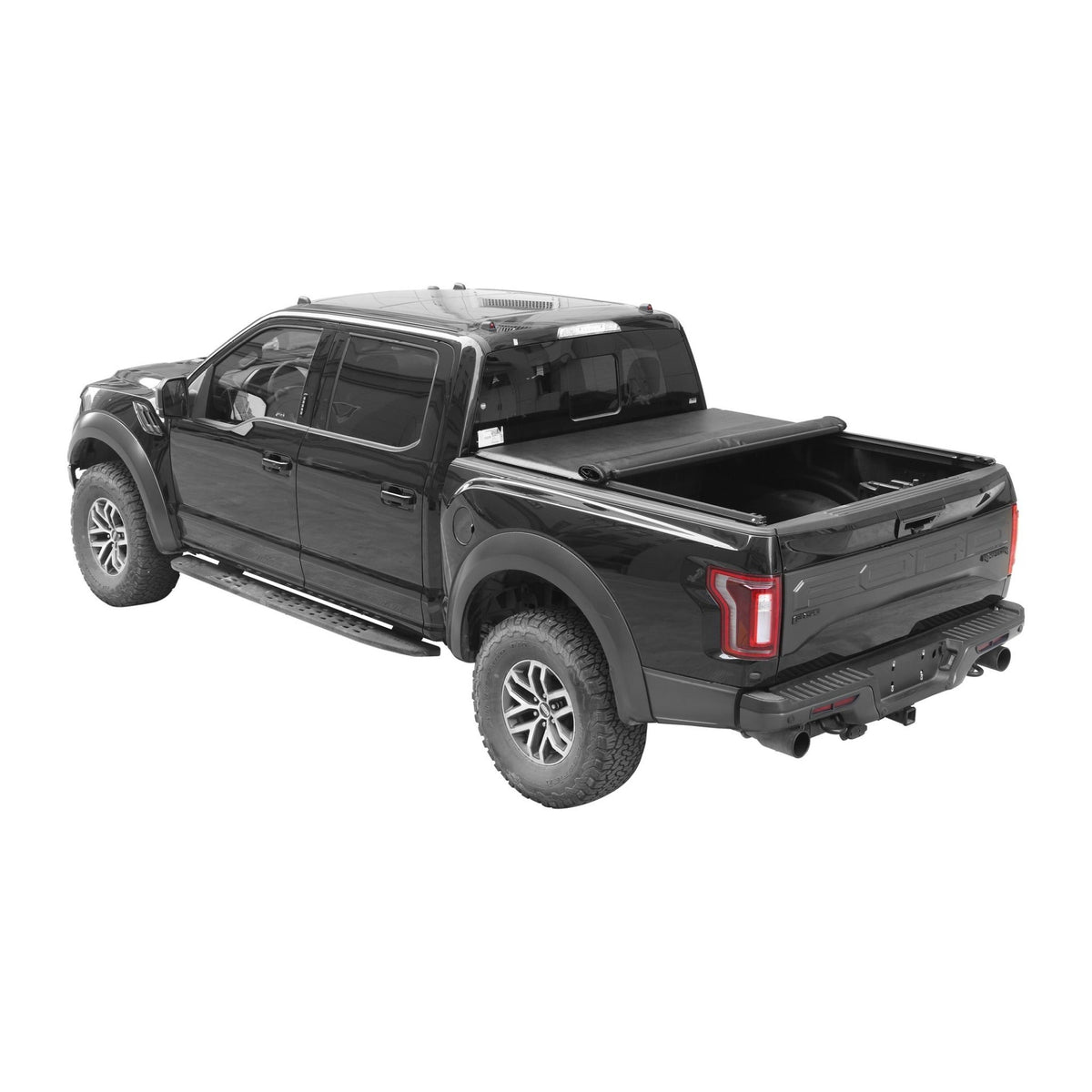 Titan Soft Roll-Up tonneau cover fully open with the bed exposed