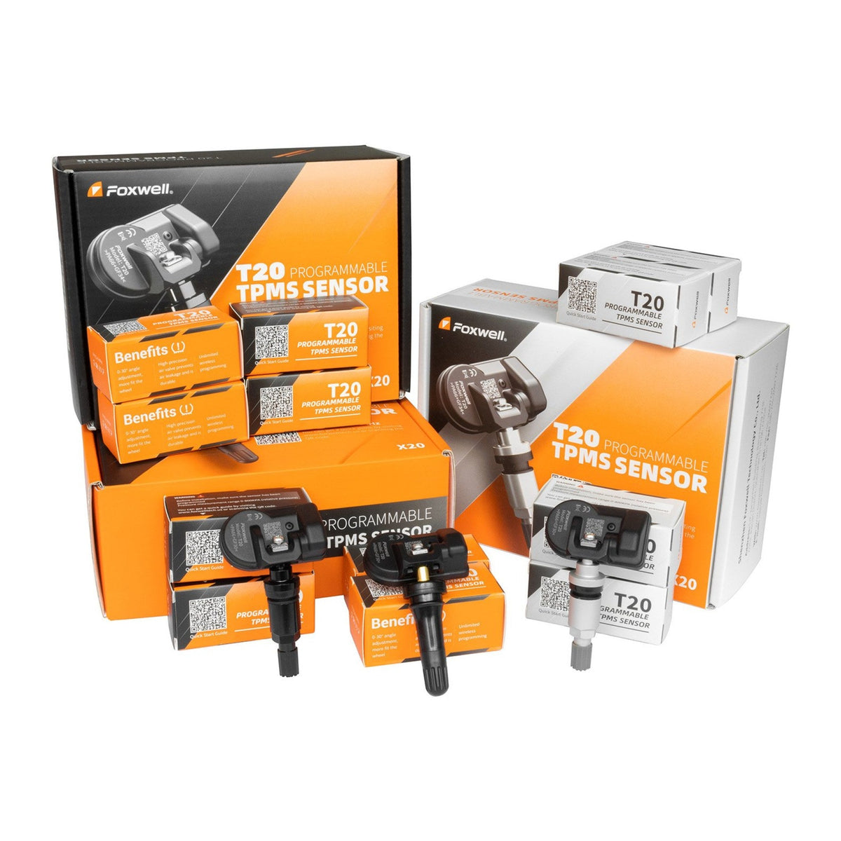Pair of TPMS tire pressure sensors with retail packaging